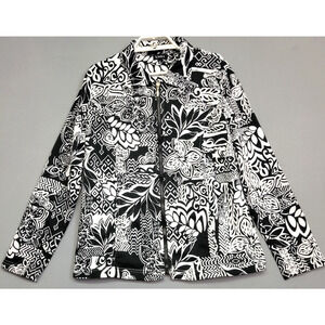 Links Athletic Jacket Womens Small Black White Floral Zip Pocket Long Sleeves
